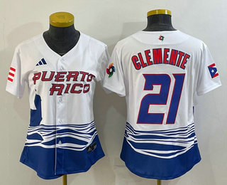 Women%27s Puerto Rico Baseball #21 Roberto Clemente 2023 White World Classic Stitched Jerseys